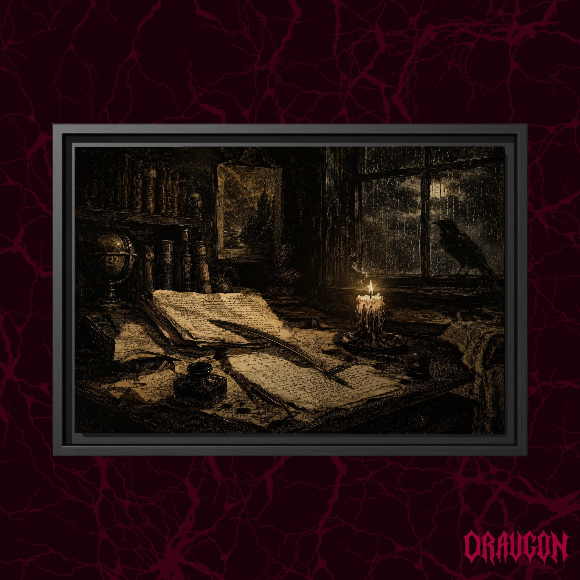 The Unfinished Letter shown as a black framed canvas against a deep red marbled backdrop with the Draugon wordmark in the lower corner, displaying the scattered letters, candle and the raven at the rain-streaked window.