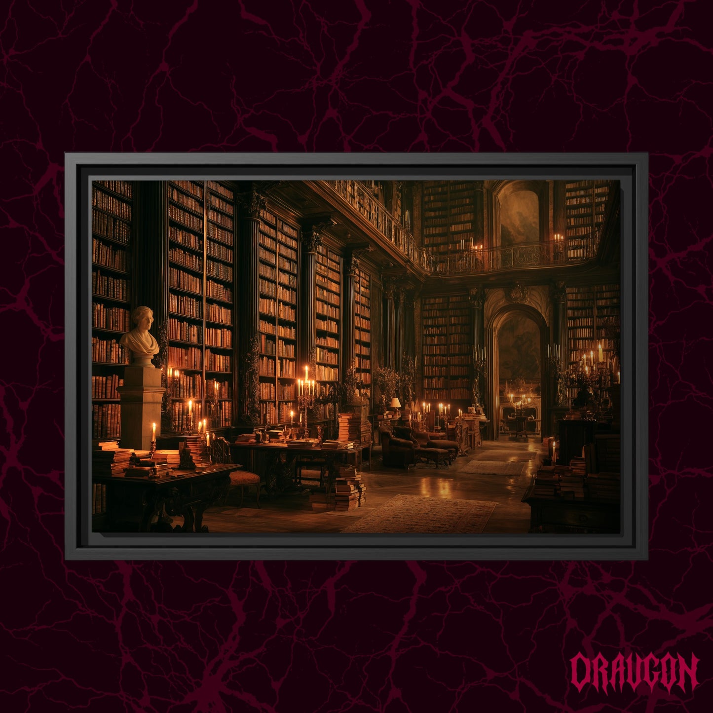 The Long Gallery shown as a black framed canvas against a deep red marbled backdrop with the Draugon wordmark in the lower corner, displaying the full candlelit library hall.