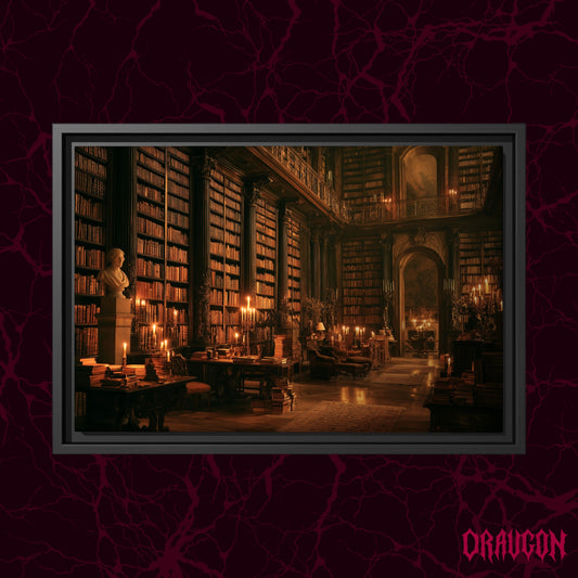 The Long Gallery shown as a black framed canvas against a deep red marbled backdrop with the Draugon wordmark in the lower corner, displaying the full candlelit library hall.