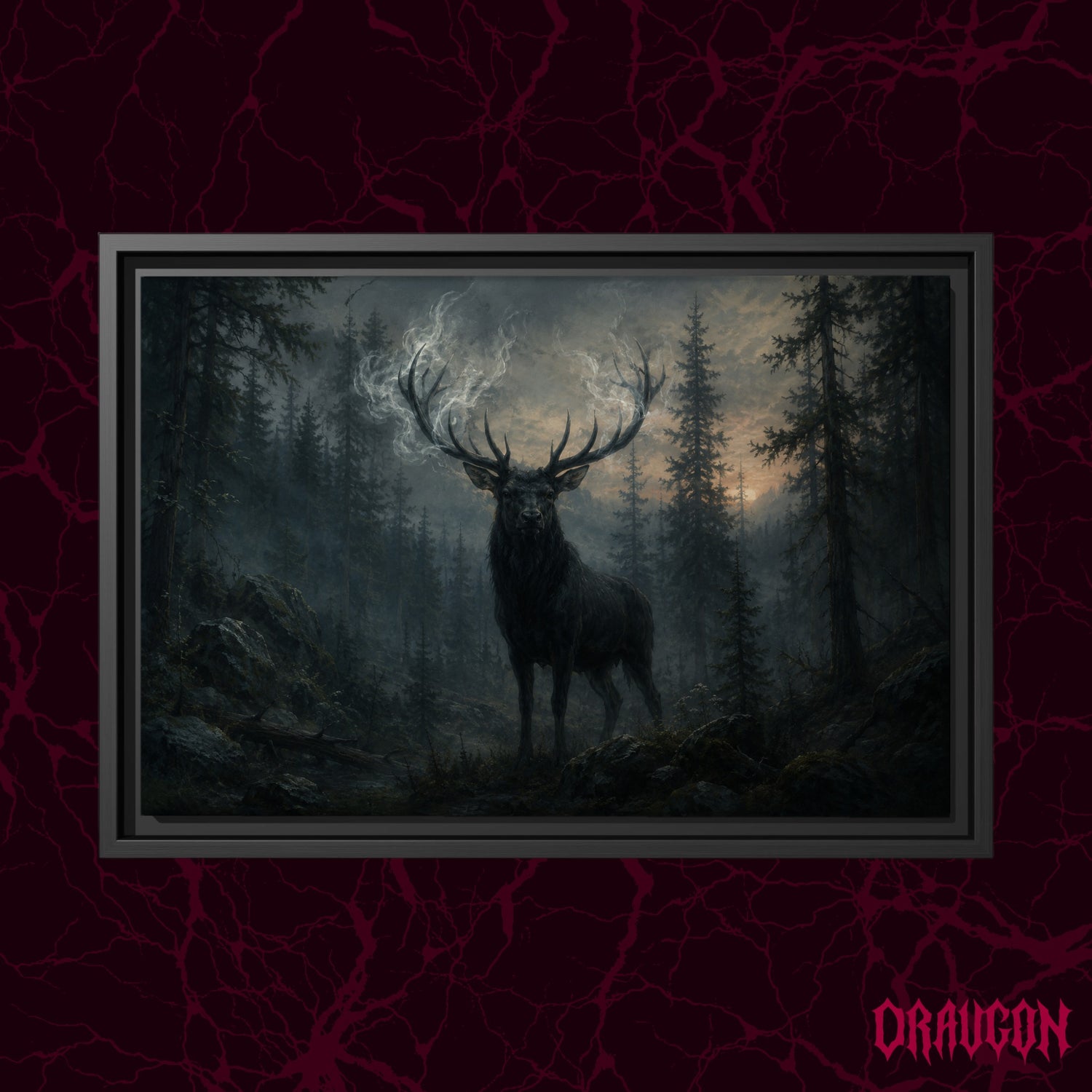 Cernunnos shown as a black framed canvas against a deep red marbled backdrop with the Draugon wordmark in the lower corner, displaying the smoking-antlered stag in the dark forest.