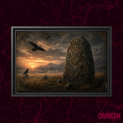 The Harvest Stone shown as a black framed canvas against a deep red marbled backdrop with the Draugon wordmark in the lower corner, displaying the full carved runestone standing in the sunset wheat field.