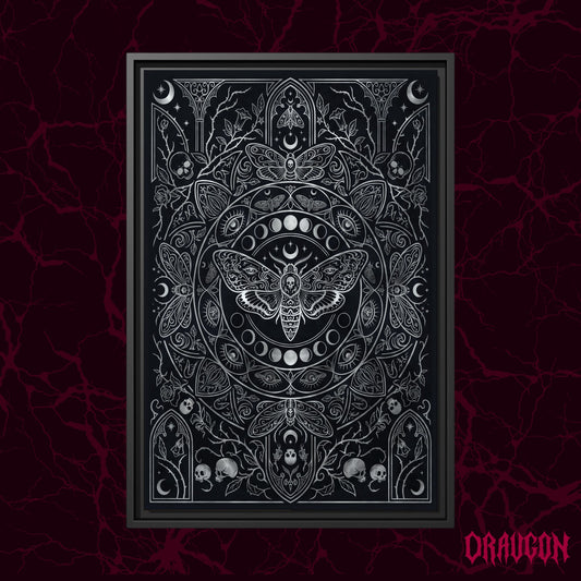 Vanitas shown as a black framed canvas against a deep red marbled backdrop with the Draugon wordmark in the lower corner, displaying the full silver death moth and moon phase engraving.
