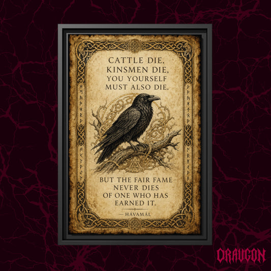 Hávamál shown as a black framed canvas against a deep red marbled backdrop with the Draugon wordmark in the lower corner, displaying the full illuminated quote page and its raven.