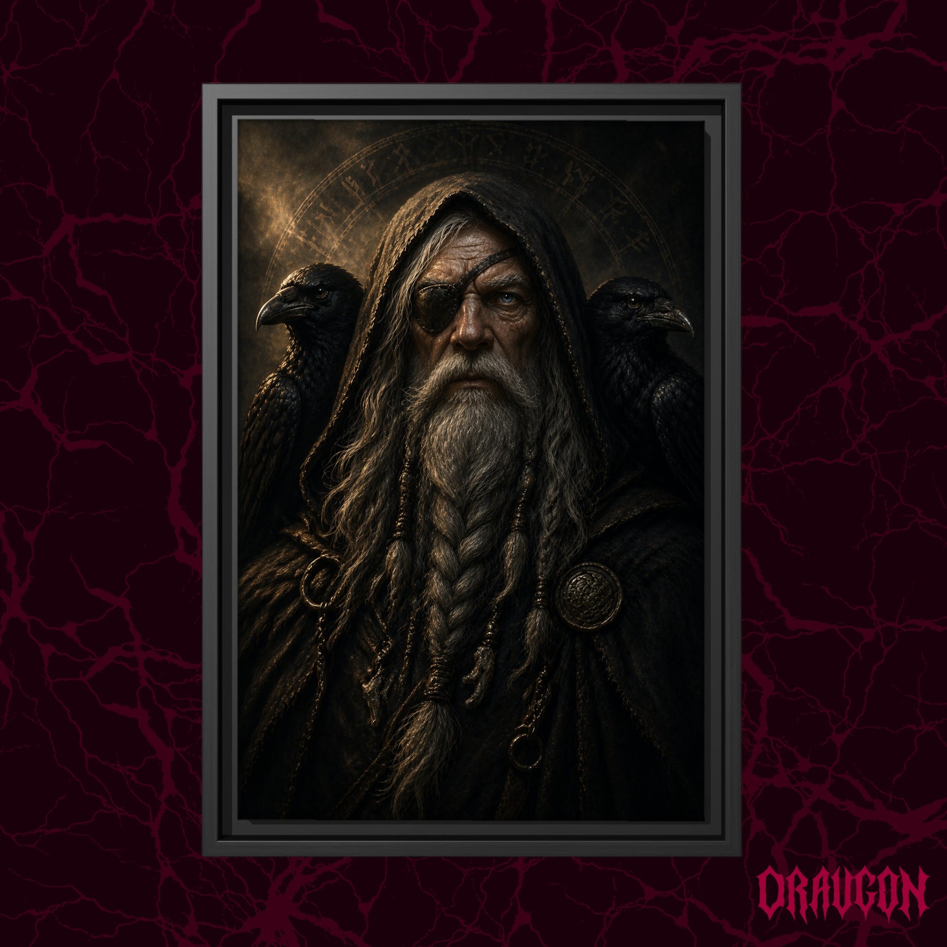 The Allfather shown as a black framed canvas against a deep red marbled backdrop with the Draugon wordmark in the lower corner, displaying the full hooded portrait of Odin between his two ravens.