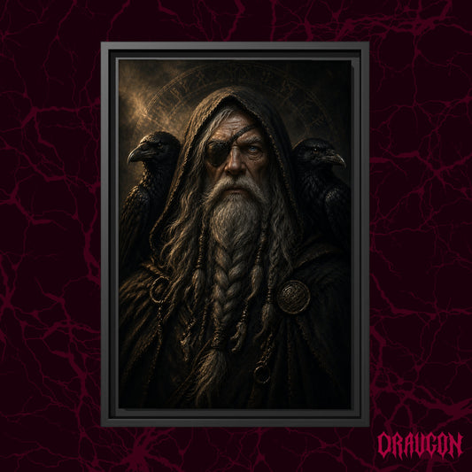 The Allfather shown as a black framed canvas against a deep red marbled backdrop with the Draugon wordmark in the lower corner, displaying the full hooded portrait of Odin between his two ravens.