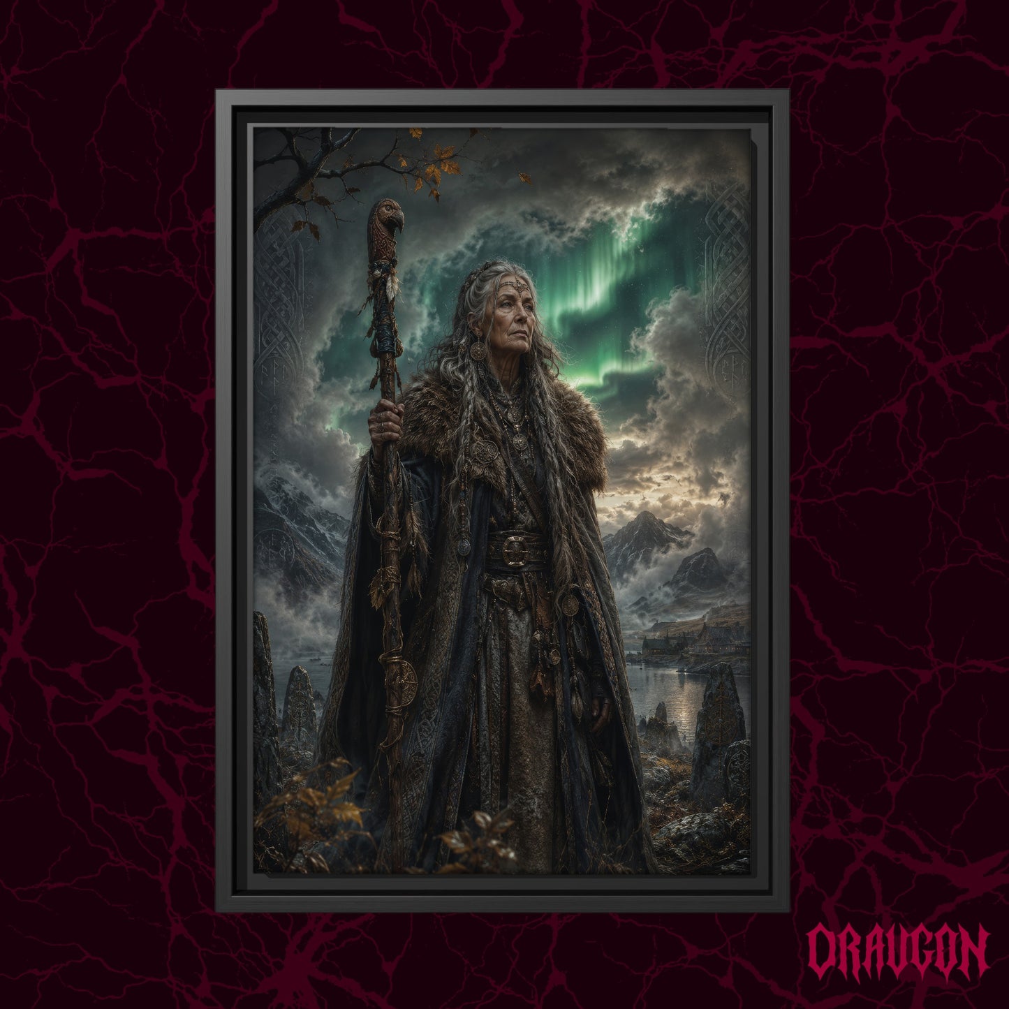Spákona shown as a black framed canvas against a deep red marbled backdrop with the Draugon wordmark in the lower corner, displaying the elder seeress with her staff among the standing stones and aurora.