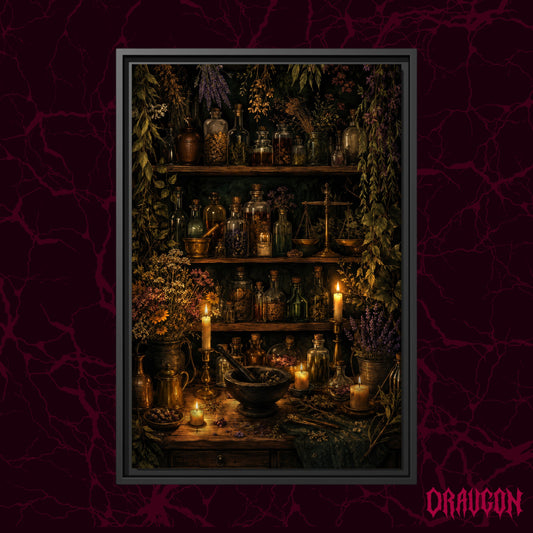  The Physick Shelf shown as a black framed canvas against a deep red marbled backdrop with the Draugon wordmark in the lower corner, displaying the four shelves of bottles and the brass scale.