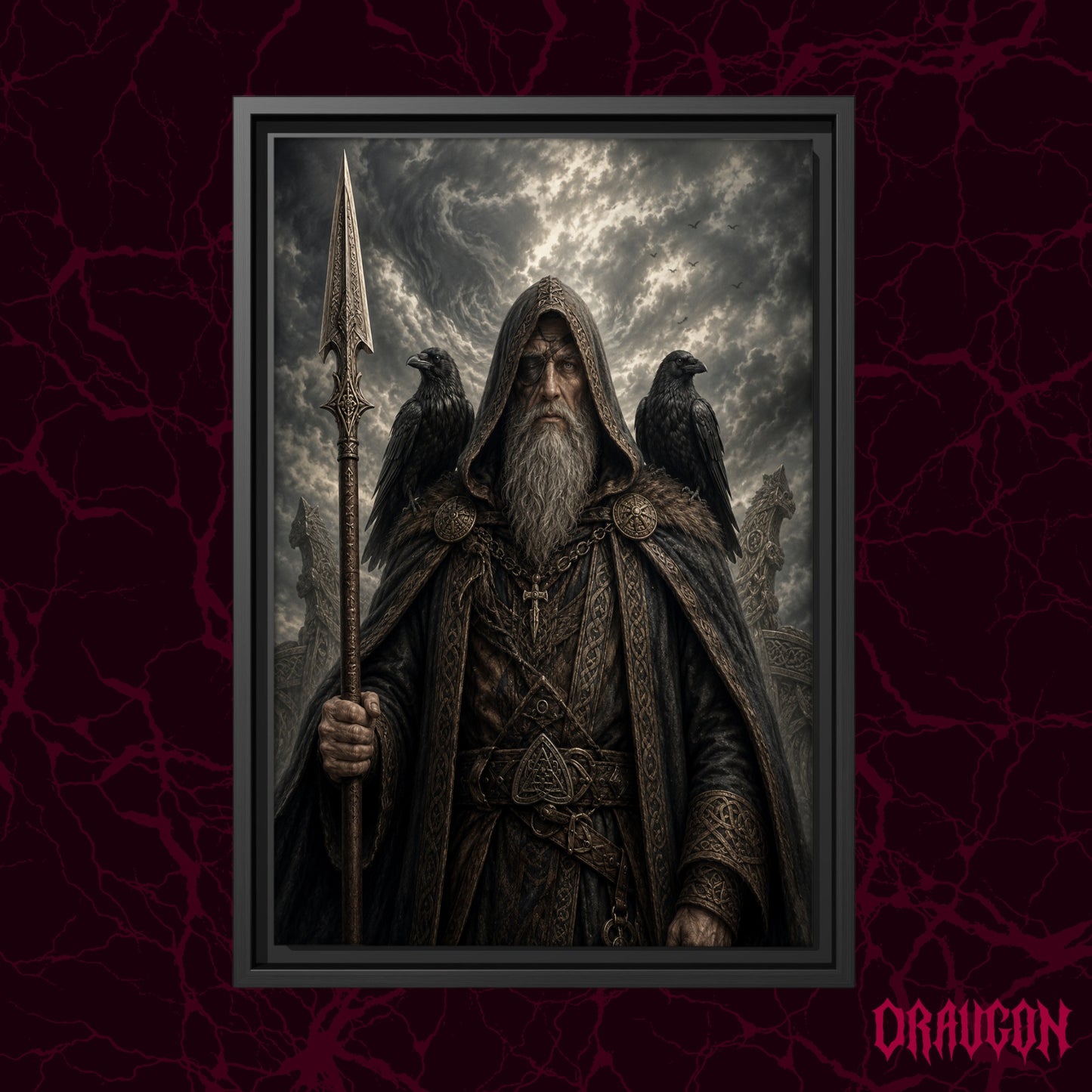 Gungnir shown as a black framed canvas against a deep red marbled backdrop with the Draugon wordmark in the lower corner, displaying the full standing figure of Odin with his spear and ravens.
