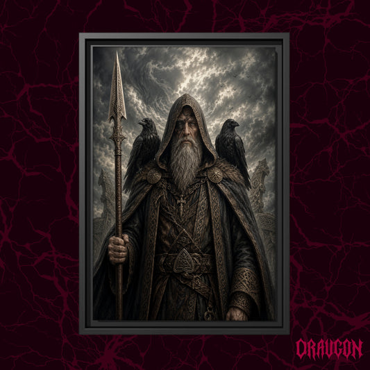 Gungnir shown as a black framed canvas against a deep red marbled backdrop with the Draugon wordmark in the lower corner, displaying the full standing figure of Odin with his spear and ravens.