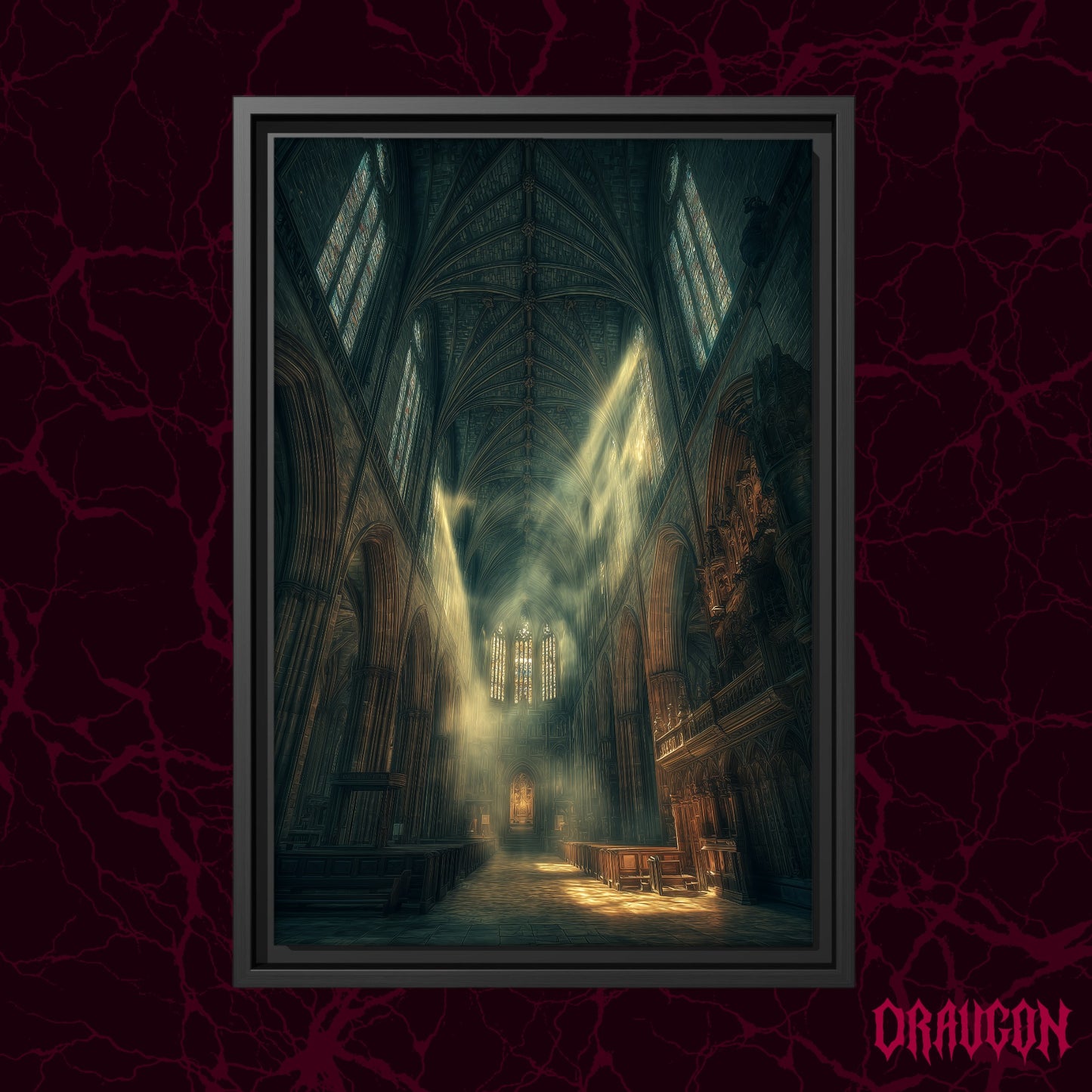 Compline shown as a black framed canvas against a deep red marbled backdrop with the Draugon wordmark in the lower corner, displaying the shadowed teal nave and its crossing light beams.