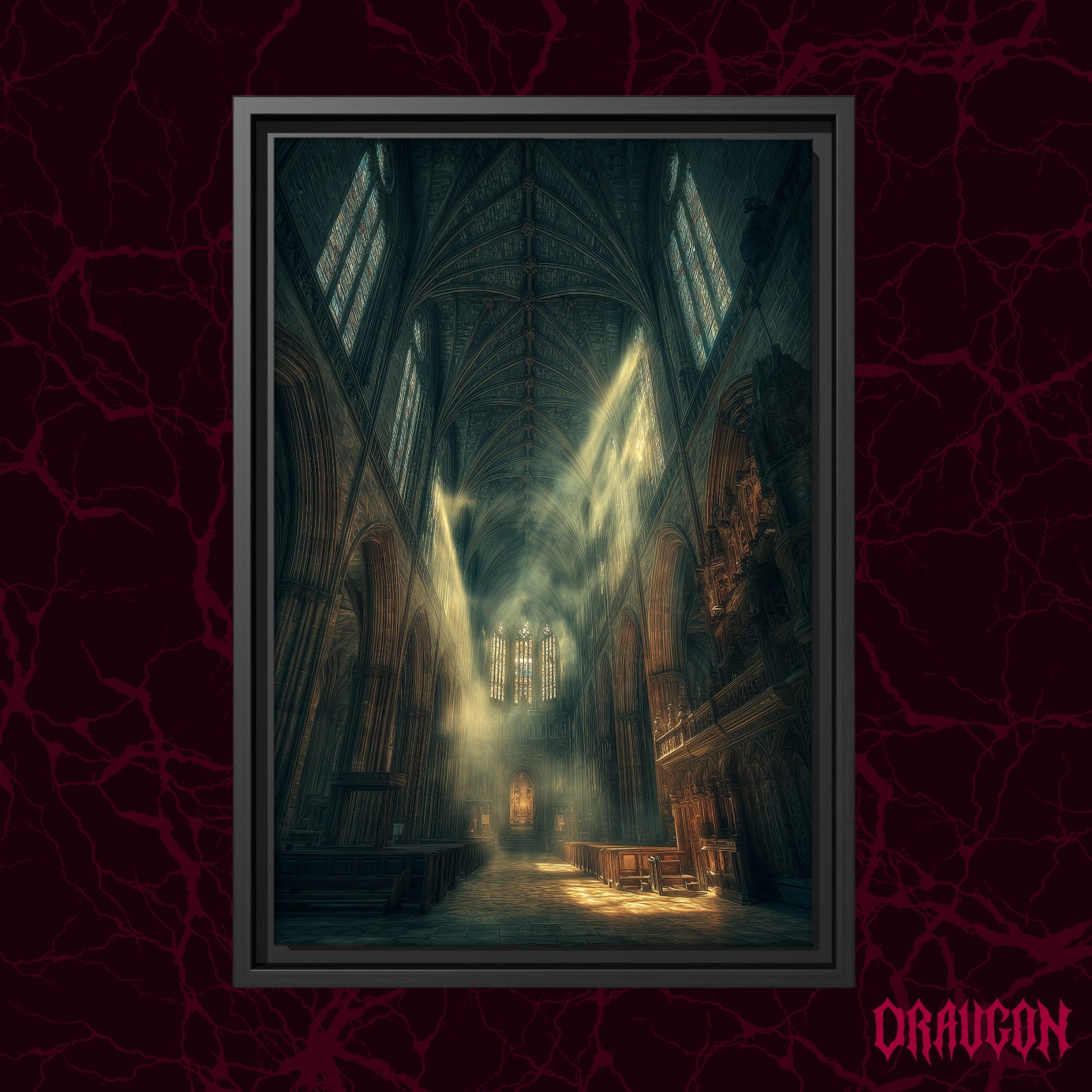 Compline shown as a black framed canvas against a deep red marbled backdrop with the Draugon wordmark in the lower corner, displaying the shadowed teal nave and its crossing light beams.