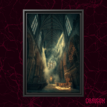 Compline shown as a black framed canvas against a deep red marbled backdrop with the Draugon wordmark in the lower corner, displaying the shadowed teal nave and its crossing light beams.