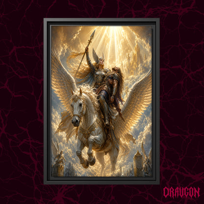 Valkyrie shown as a black framed canvas against a deep red marbled backdrop with the Draugon wordmark in the lower corner, displaying the winged horse and its rider carrying the fallen warrior.