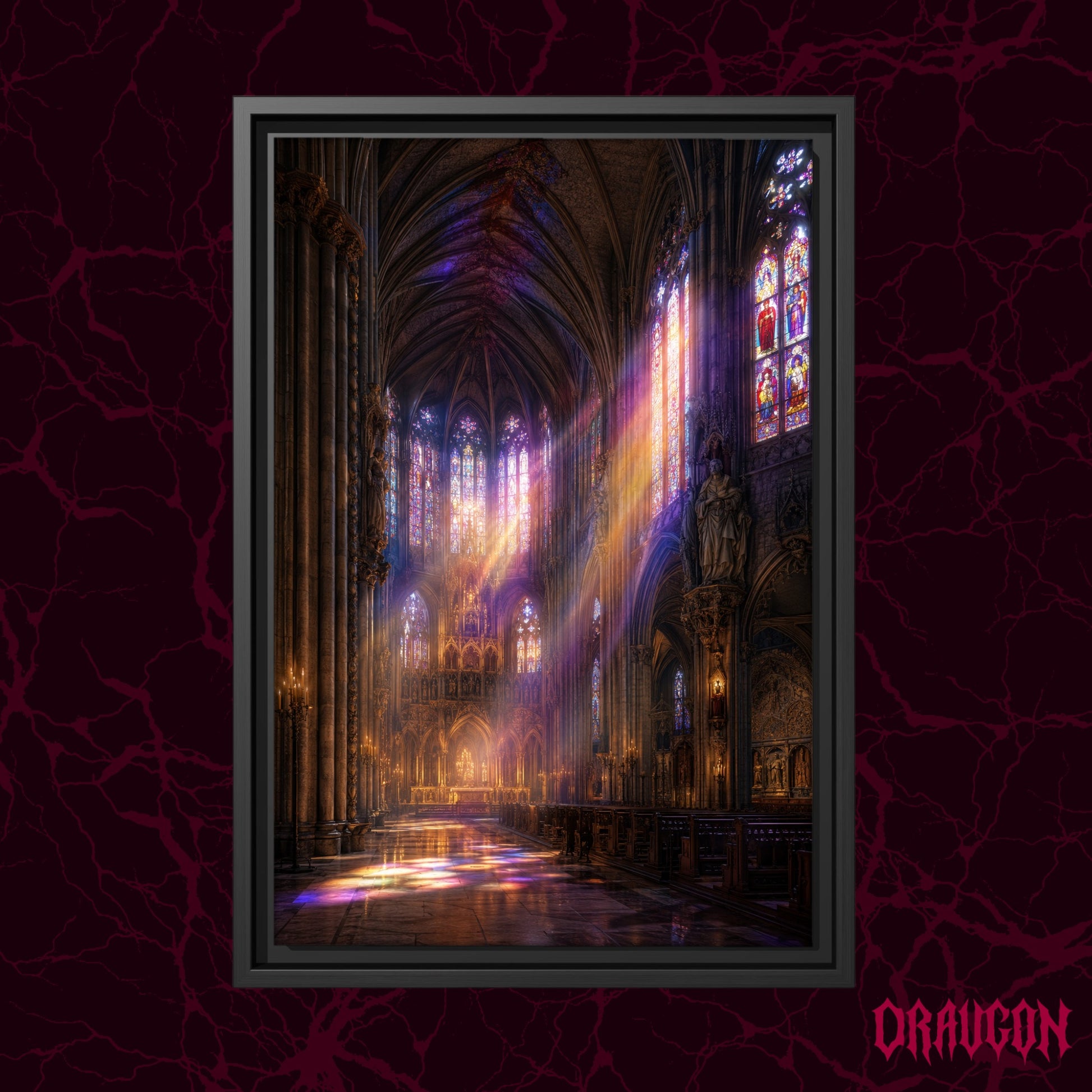 Gloria shown as a black framed canvas against a deep red marbled backdrop with the Draugon wordmark in the lower corner, displaying the colour-lit cathedral nave.
