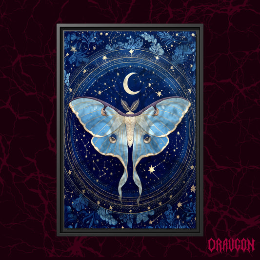 The Blue Hour shown as a black framed canvas against a deep red marbled backdrop with the Draugon wordmark in the lower corner, displaying the full cobalt and gold moth and constellation wheel.