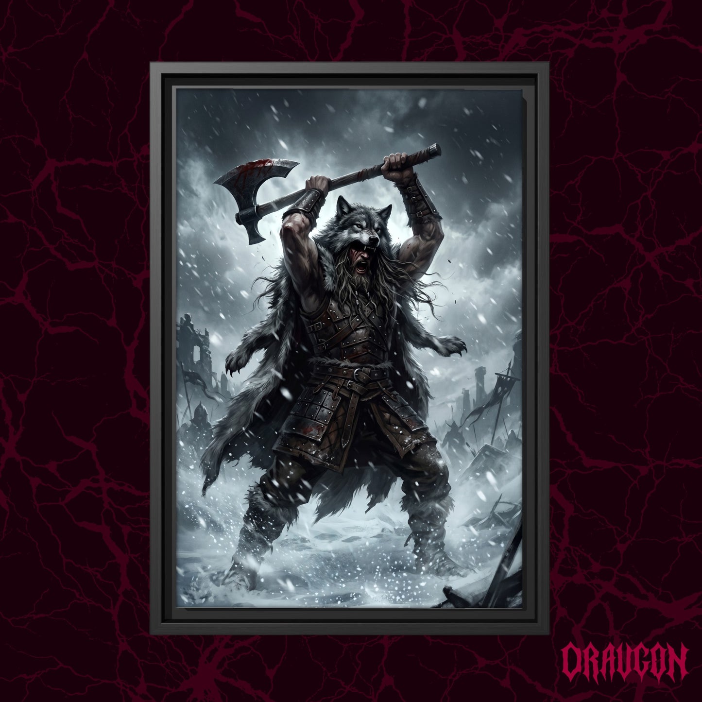 Berserker Rage shown as a black framed canvas against a deep red marbled backdrop with the Draugon wordmark in the lower corner, displaying the wolf-pelted warrior mid-roar in the snowstorm.