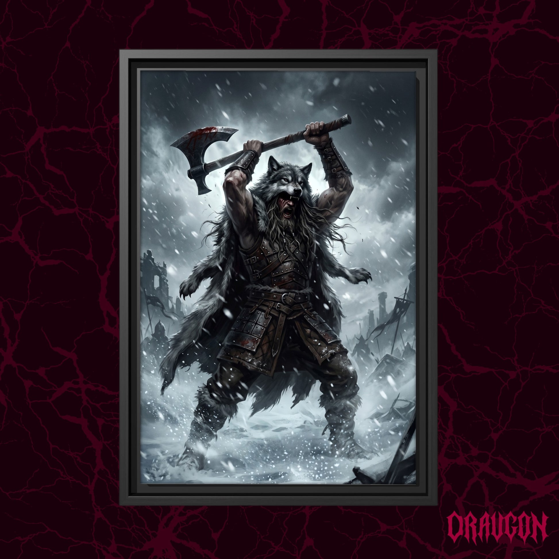 Berserker Rage shown as a black framed canvas against a deep red marbled backdrop with the Draugon wordmark in the lower corner, displaying the wolf-pelted warrior mid-roar in the snowstorm.