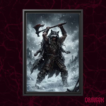 Berserker Rage shown as a black framed canvas against a deep red marbled backdrop with the Draugon wordmark in the lower corner, displaying the wolf-pelted warrior mid-roar in the snowstorm.
