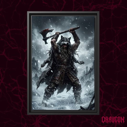 Berserker Rage shown as a black framed canvas against a deep red marbled backdrop with the Draugon wordmark in the lower corner, displaying the wolf-pelted warrior mid-roar in the snowstorm.