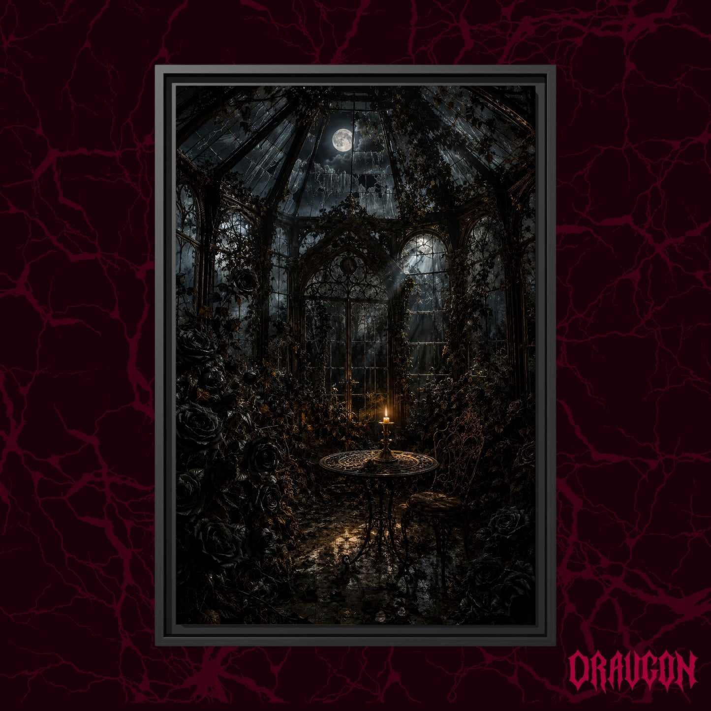 The Winter Garden shown as a black framed canvas against a deep red marbled backdrop with the Draugon wordmark in the lower corner, displaying the moonlit conservatory and its single candle.