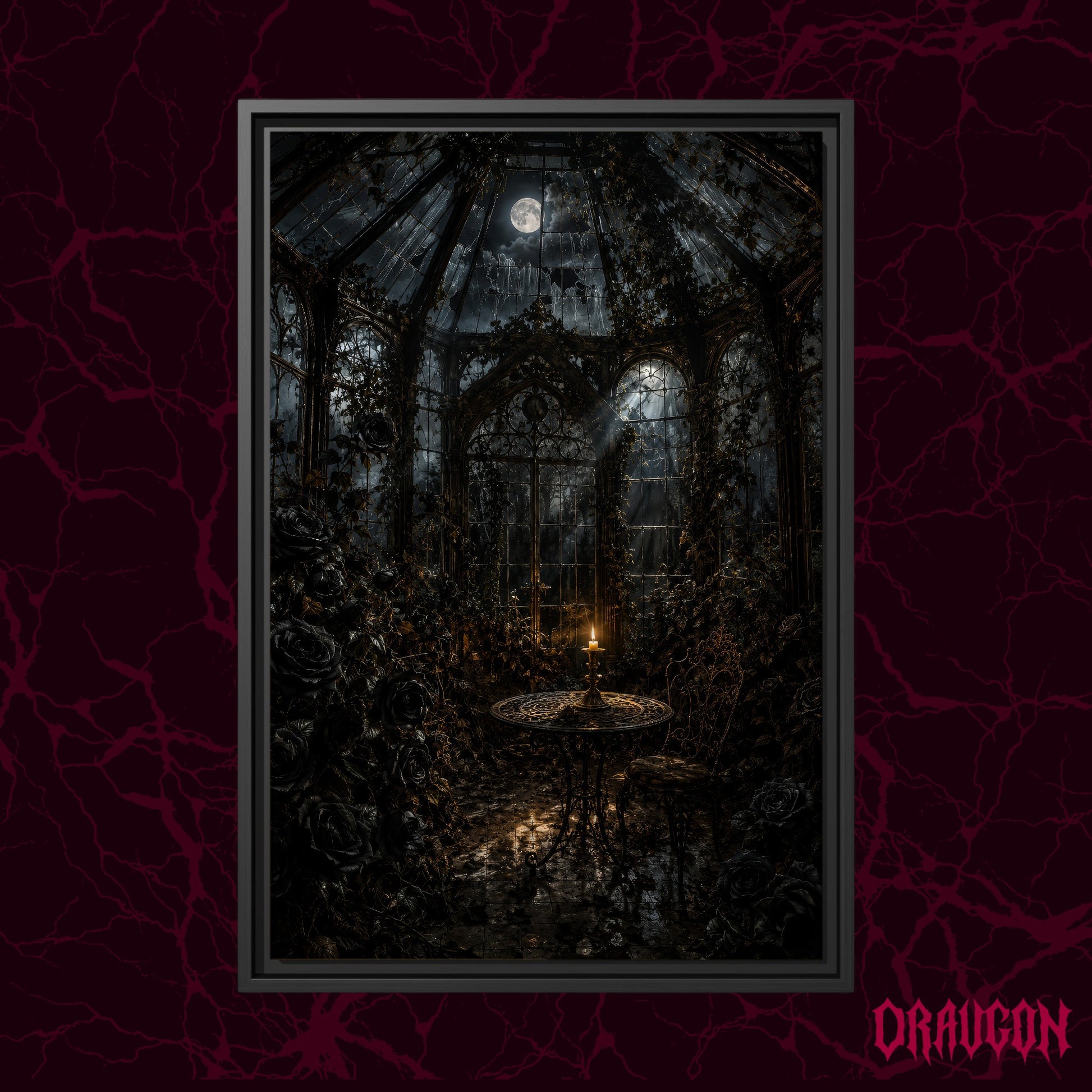 The Winter Garden shown as a black framed canvas against a deep red marbled backdrop with the Draugon wordmark in the lower corner, displaying the moonlit conservatory and its single candle.