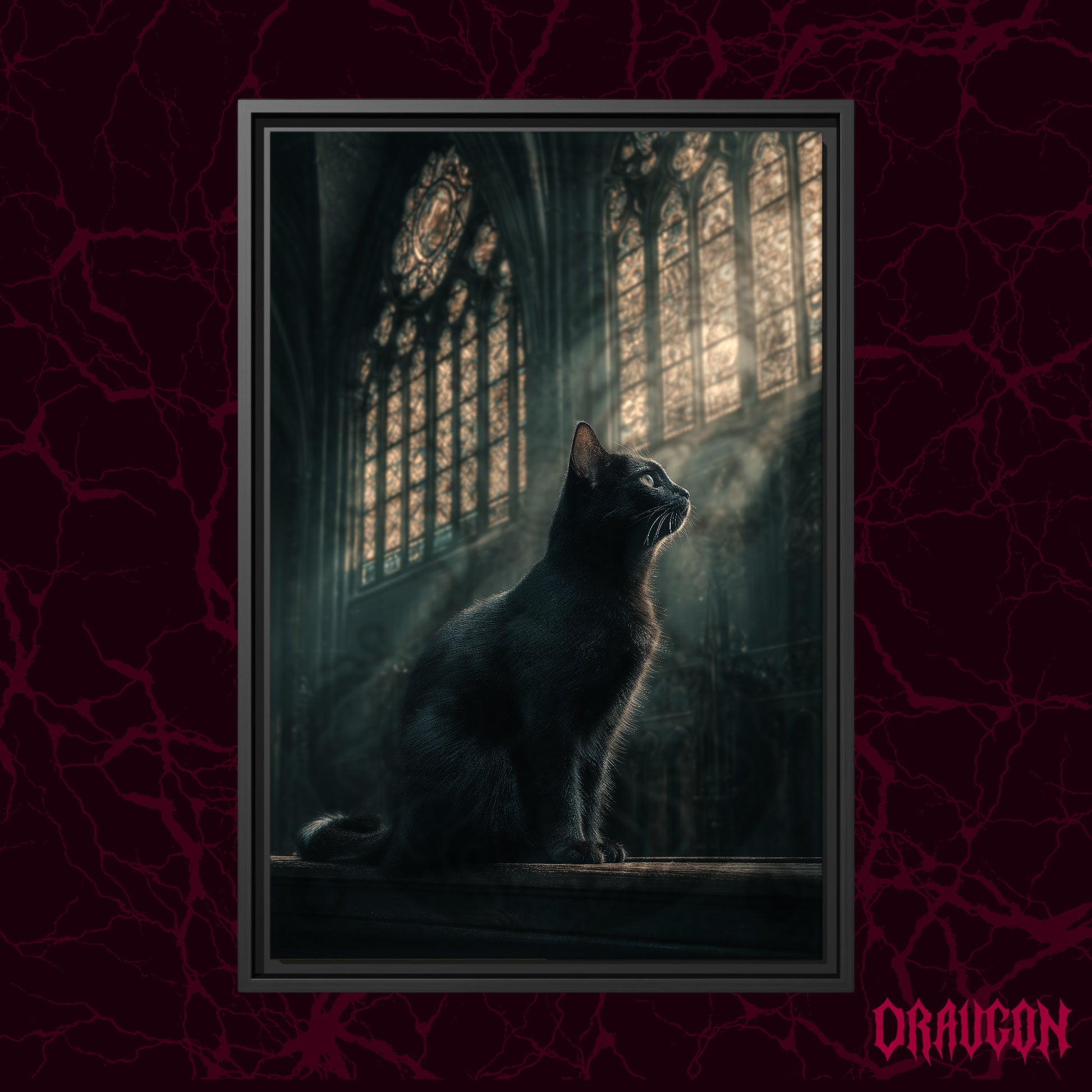 Grimalkin shown as a black framed canvas against a deep red marbled backdrop with the Draugon wordmark in the lower corner, displaying the rimlit black cat in the cathedral light.