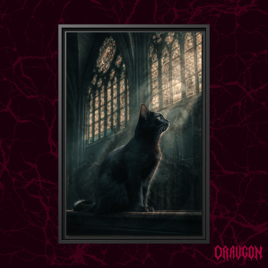 Grimalkin shown as a black framed canvas against a deep red marbled backdrop with the Draugon wordmark in the lower corner, displaying the rimlit black cat in the cathedral light.