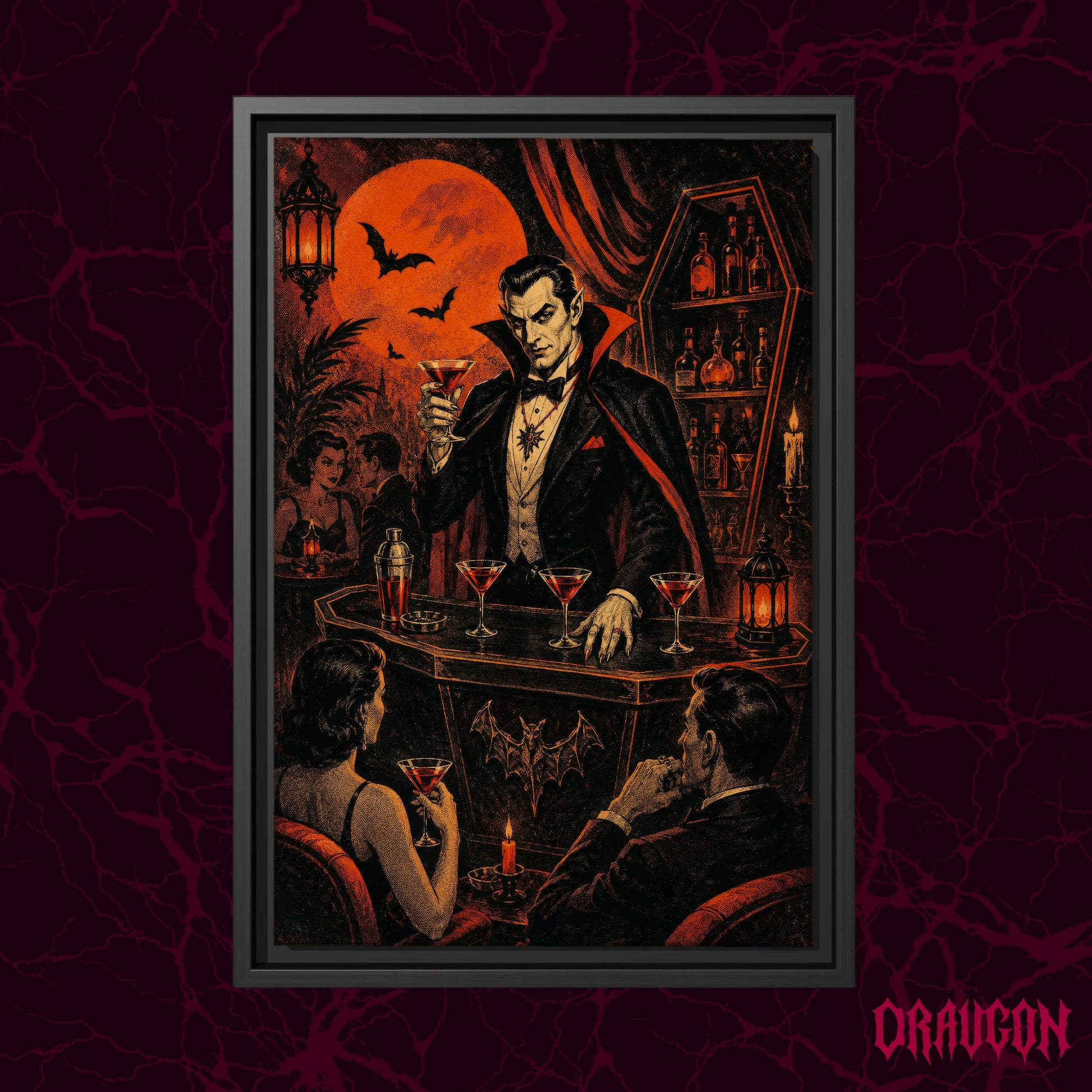 Shaken Not Staked shown as a black framed canvas against a deep red marbled backdrop with the Draugon wordmark in the lower corner, displaying the vampire bartender pouring martinis beneath the orange moon.