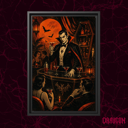 Shaken Not Staked shown as a black framed canvas against a deep red marbled backdrop with the Draugon wordmark in the lower corner, displaying the vampire bartender pouring martinis beneath the orange moon.