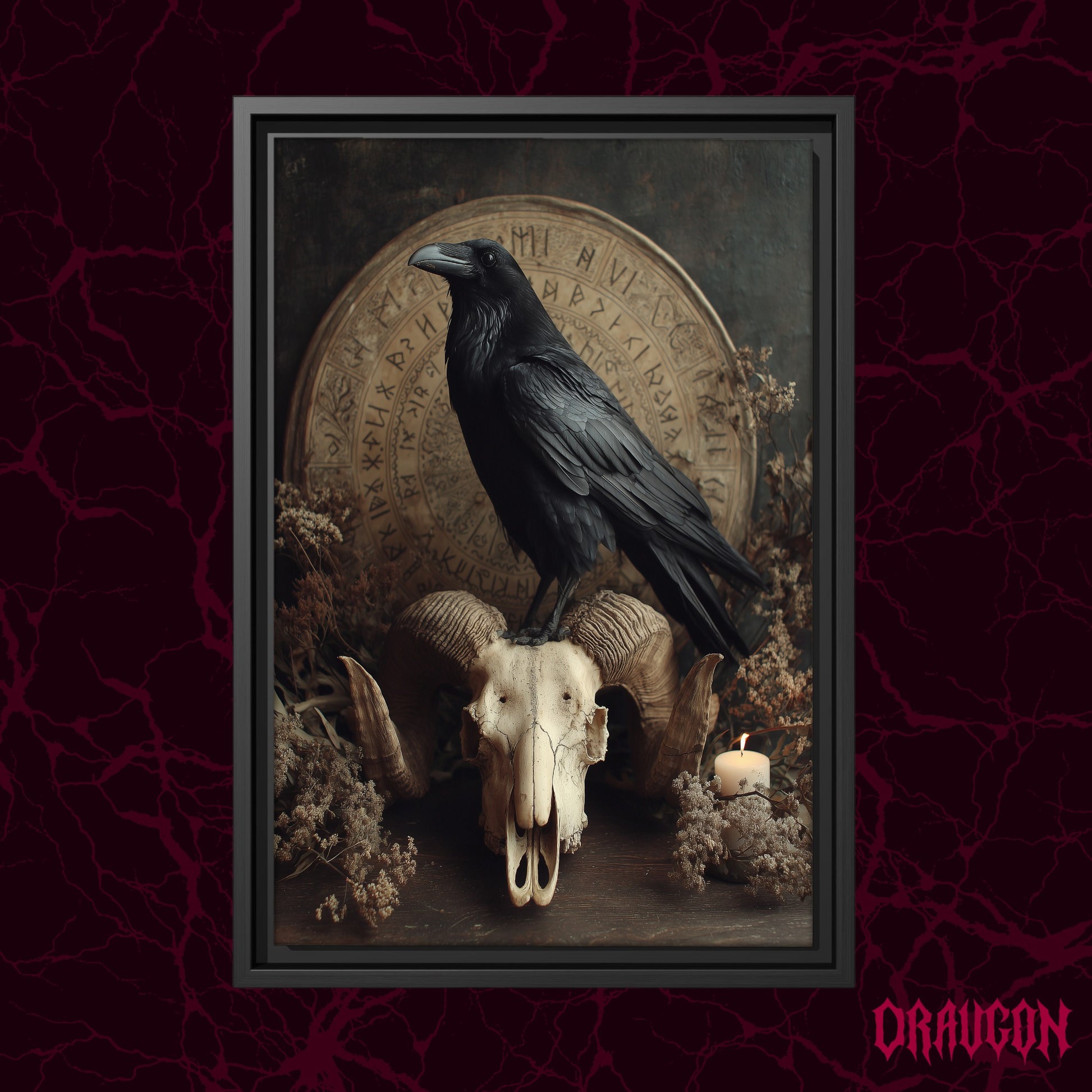 Hrafn shown as a black framed canvas against a deep red marbled backdrop with the Draugon wordmark in the lower corner, displaying the pale raven and ram skull still life.