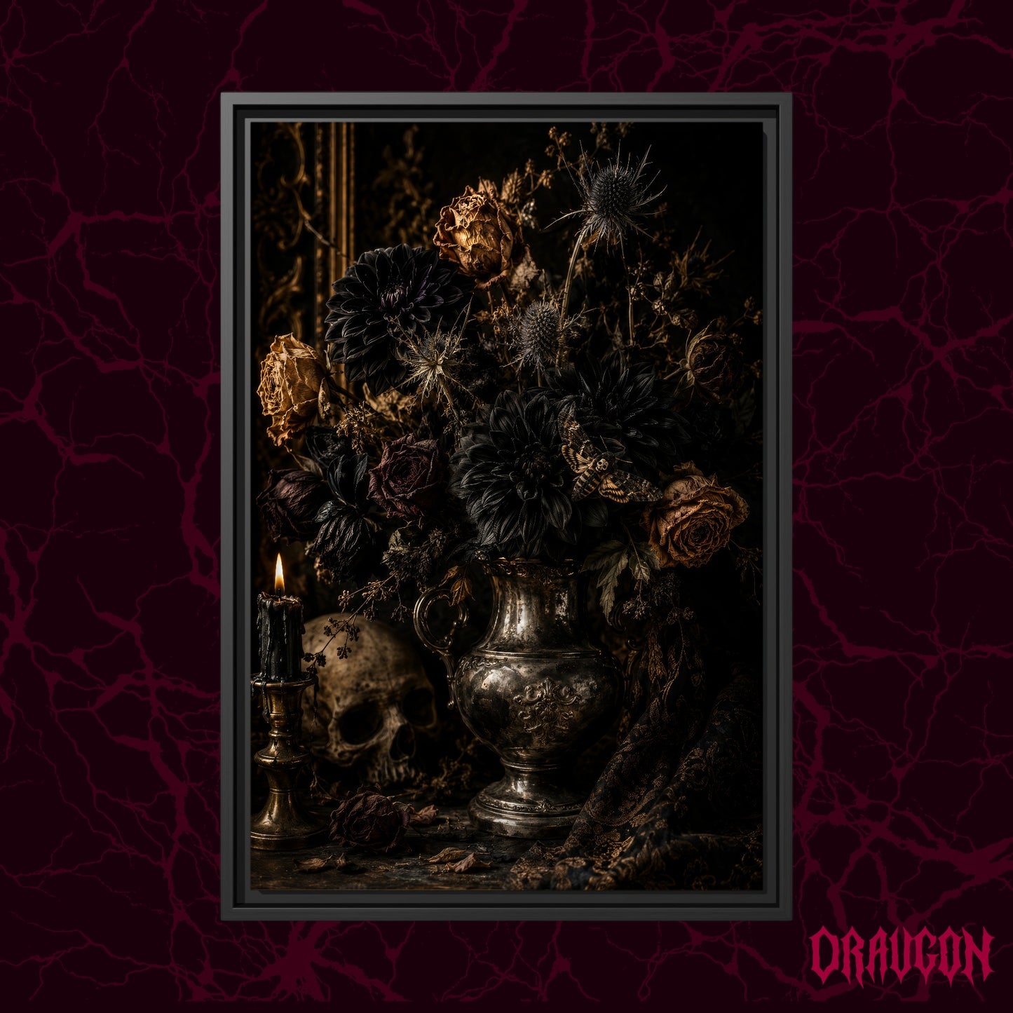 Threnody shown as a black framed canvas against a deep red marbled backdrop with the Draugon wordmark in the lower corner, displaying the dried bouquet, moth and skull.