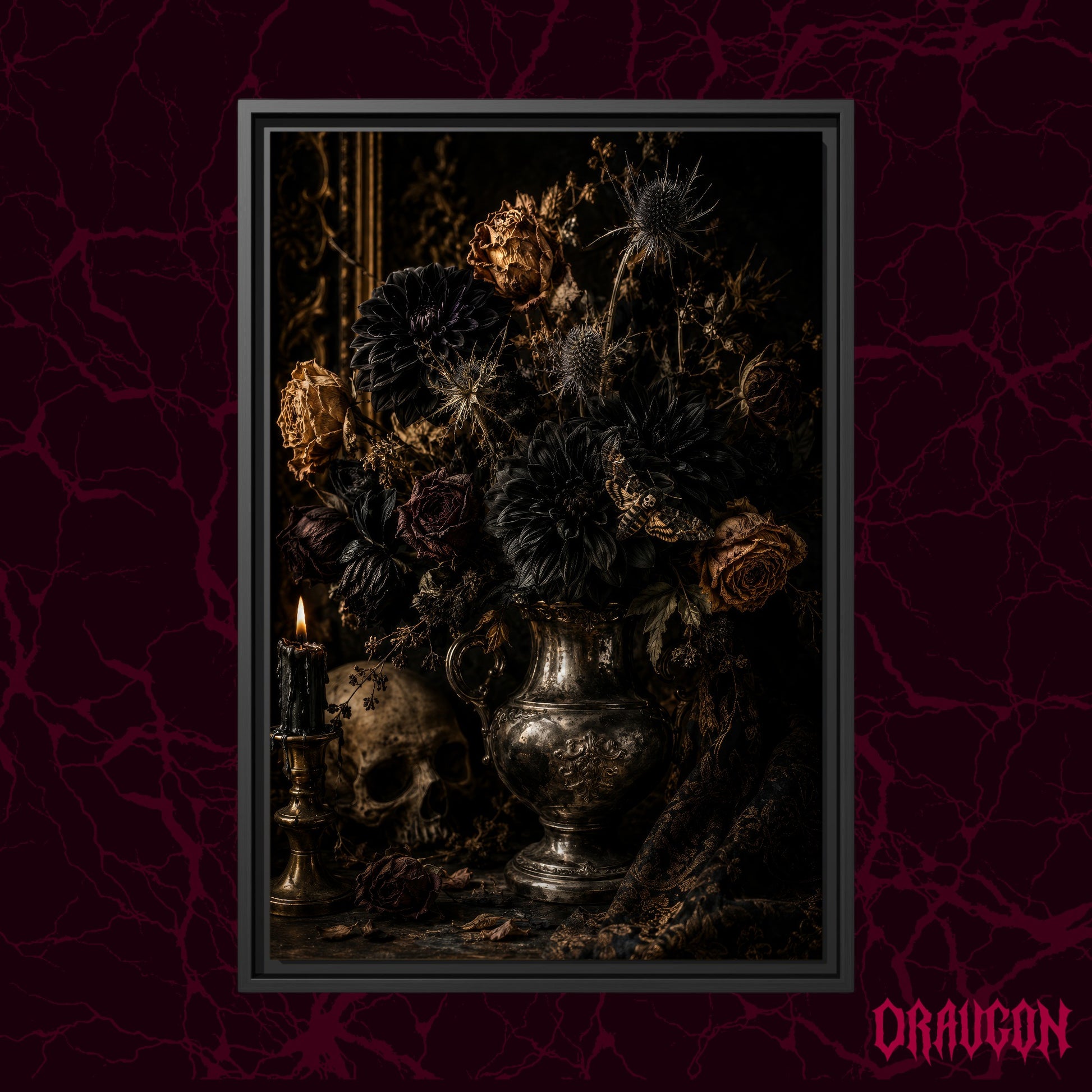 Threnody shown as a black framed canvas against a deep red marbled backdrop with the Draugon wordmark in the lower corner, displaying the dried bouquet, moth and skull.