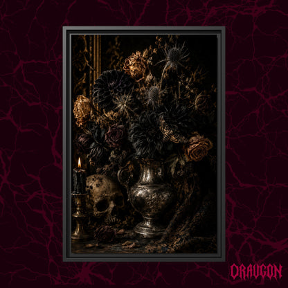 Threnody shown as a black framed canvas against a deep red marbled backdrop with the Draugon wordmark in the lower corner, displaying the dried bouquet, moth and skull.