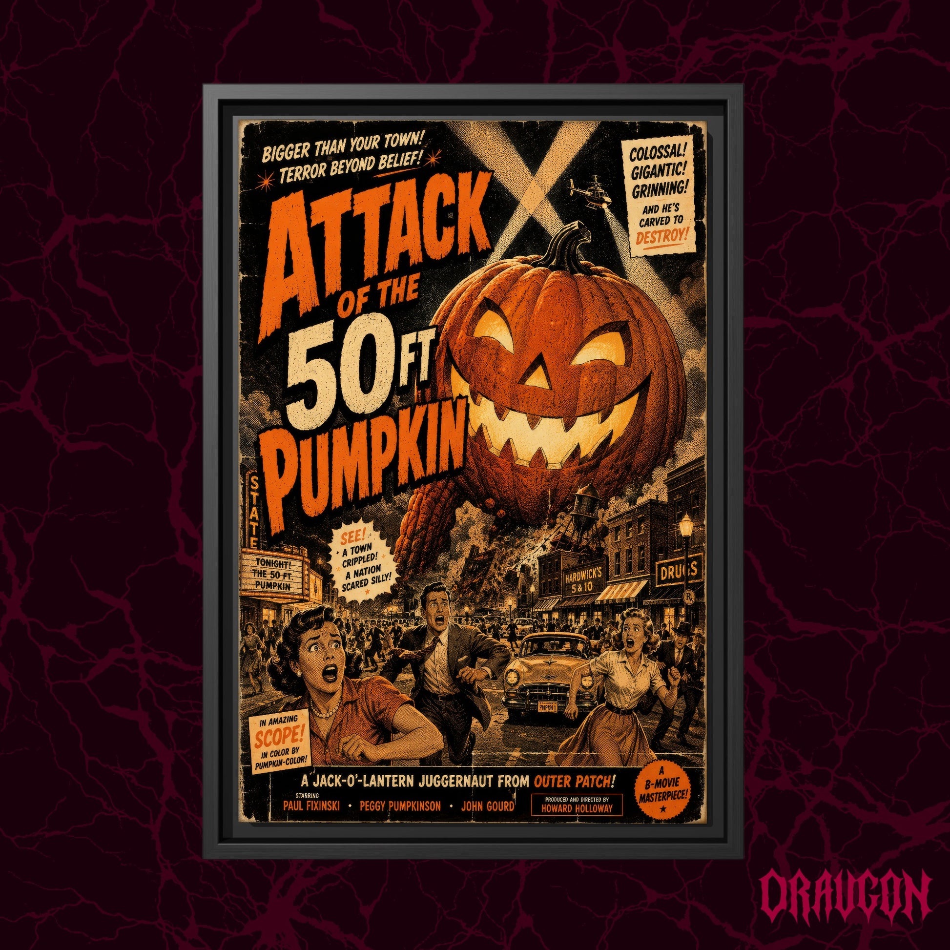 The Pumpkin That Ate Main Street shown as a black framed canvas against a deep red marbled backdrop with the Draugon wordmark in the lower corner, displaying the giant grinning jack-o'-lantern towering over the collapsing town.