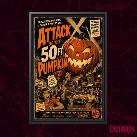 The Pumpkin That Ate Main Street shown as a black framed canvas against a deep red marbled backdrop with the Draugon wordmark in the lower corner, displaying the giant grinning jack-o'-lantern towering over the collapsing town.