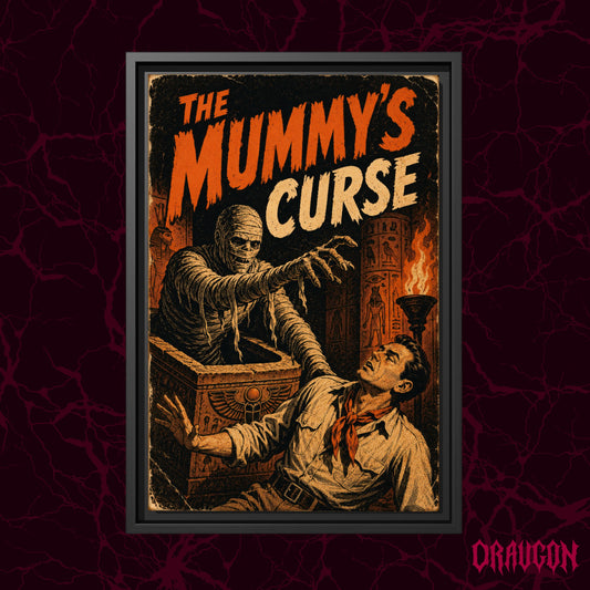Ten-Cent Terror shown as a black framed canvas against a deep red marbled backdrop with the Draugon wordmark in the lower corner, displaying the mummy reaching for the fallen explorer in the torchlit tomb.