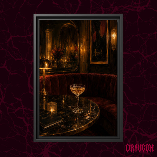 Nuit shown as a black framed canvas against a deep red marbled backdrop with the Draugon wordmark in the lower corner, displaying the velvet booth, marble table and crystal coupe cocktail scene.