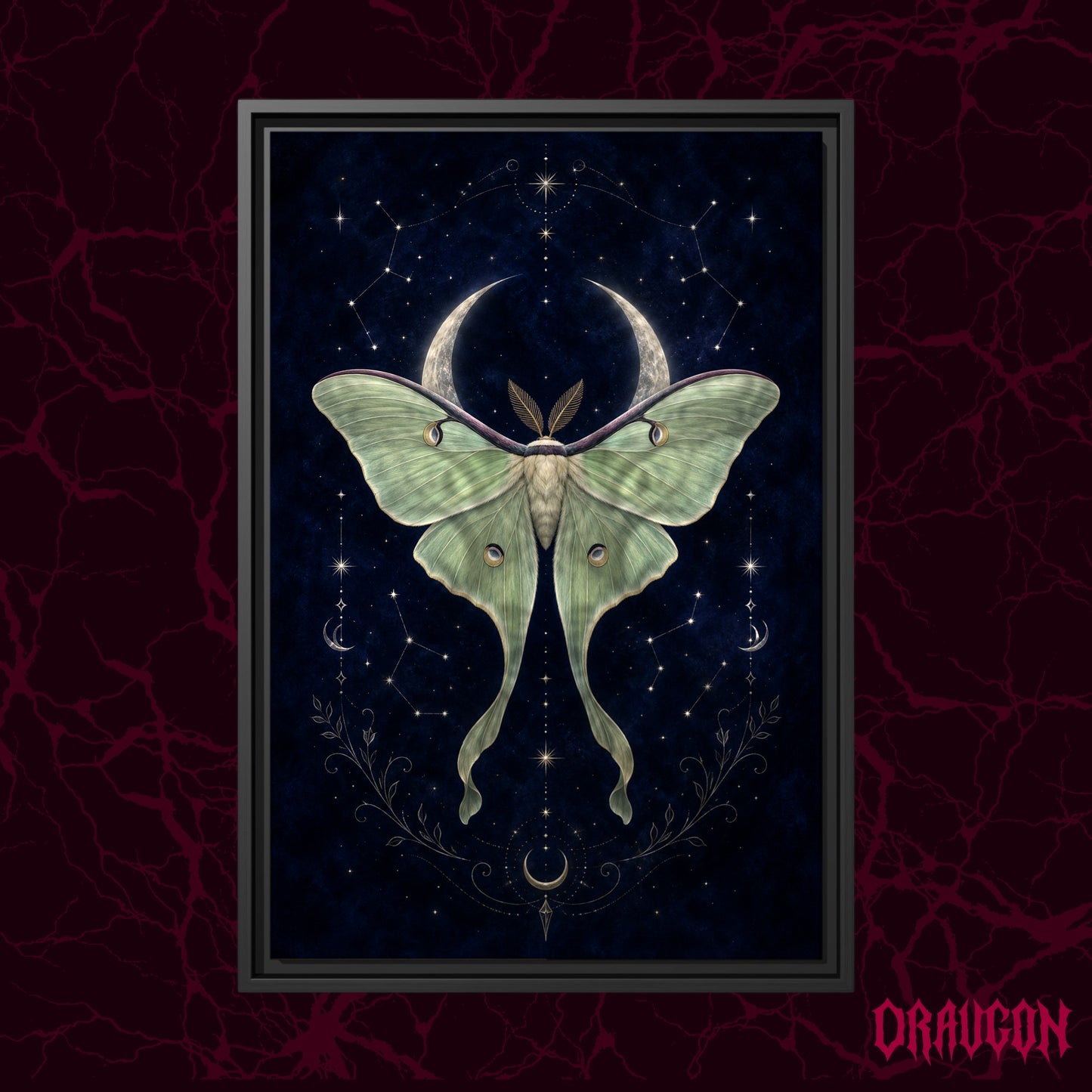 Verdigris shown as a black framed canvas against a deep red marbled backdrop with the Draugon wordmark in the lower corner, displaying the full sage-green luna moth and crescent moon.