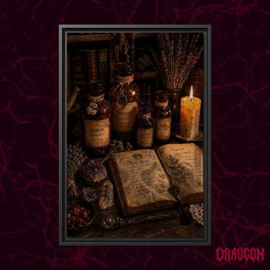 The Still Room shown as a black framed canvas against a deep red marbled backdrop with the Draugon wordmark in the lower corner, displaying the full candlelit apothecary still life.
