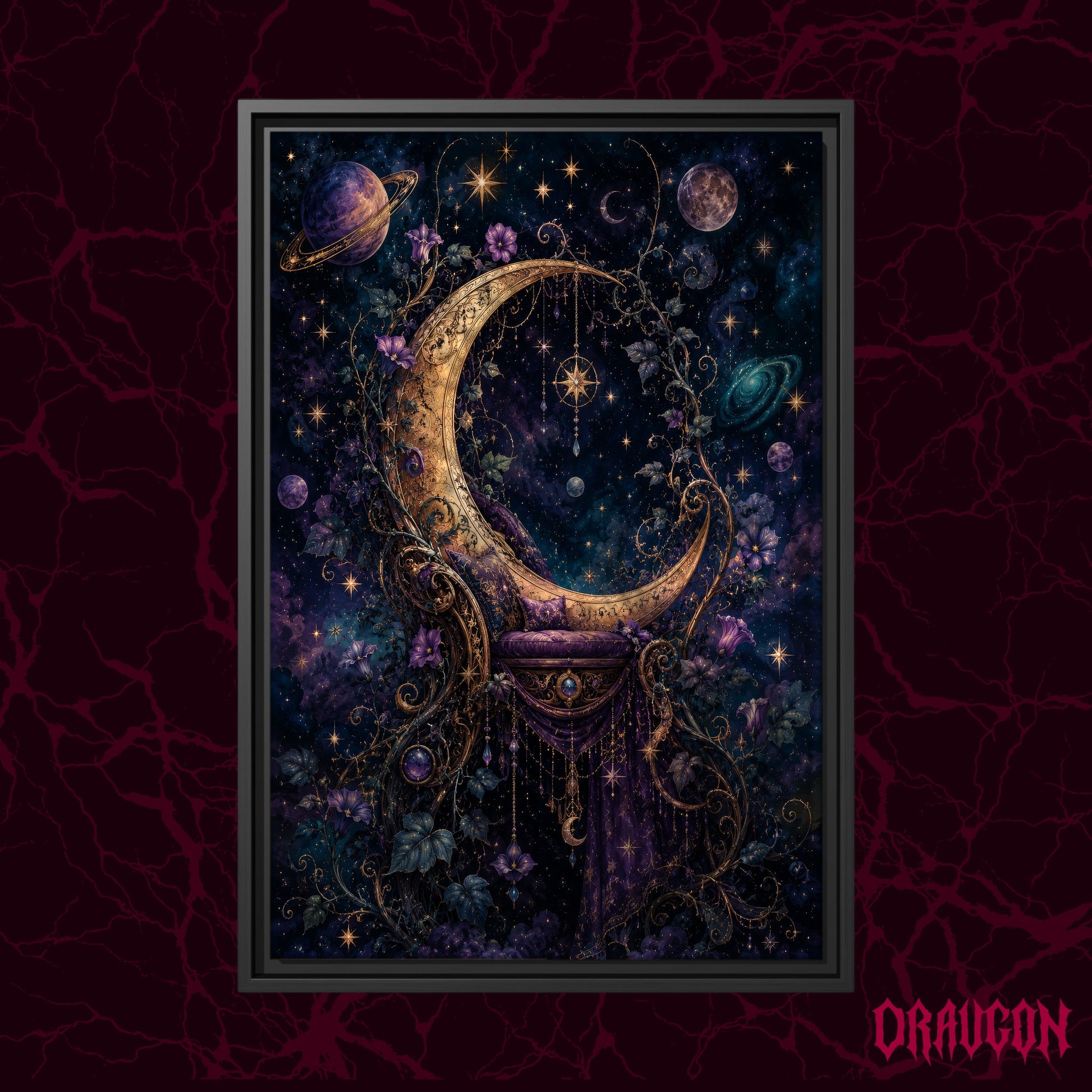 The Crescent Court shown as a black framed canvas against a deep red marbled backdrop with the Draugon wordmark in the lower corner, displaying the gilded moon throne and its purple starfield.