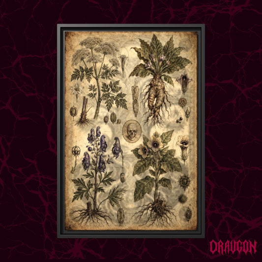 Poison Garden shown as a black framed canvas against a deep red marbled backdrop with the Draugon wordmark in the lower corner, displaying the full four-plant specimen chart.