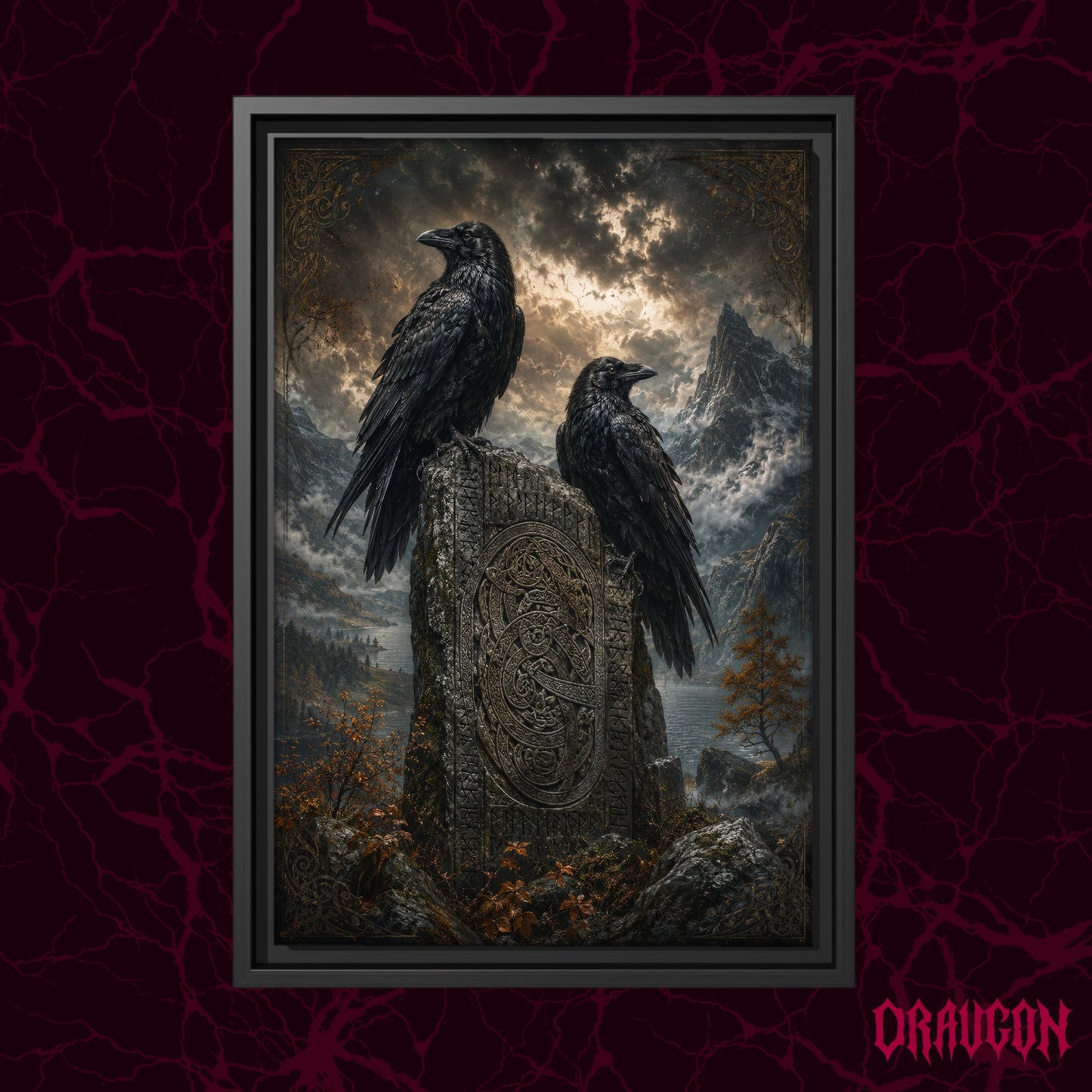 The Watchstone shown as a black framed canvas against a deep red marbled backdrop with the Draugon wordmark in the lower corner, displaying the two ravens on the carved stone against the mountain and lake scene.