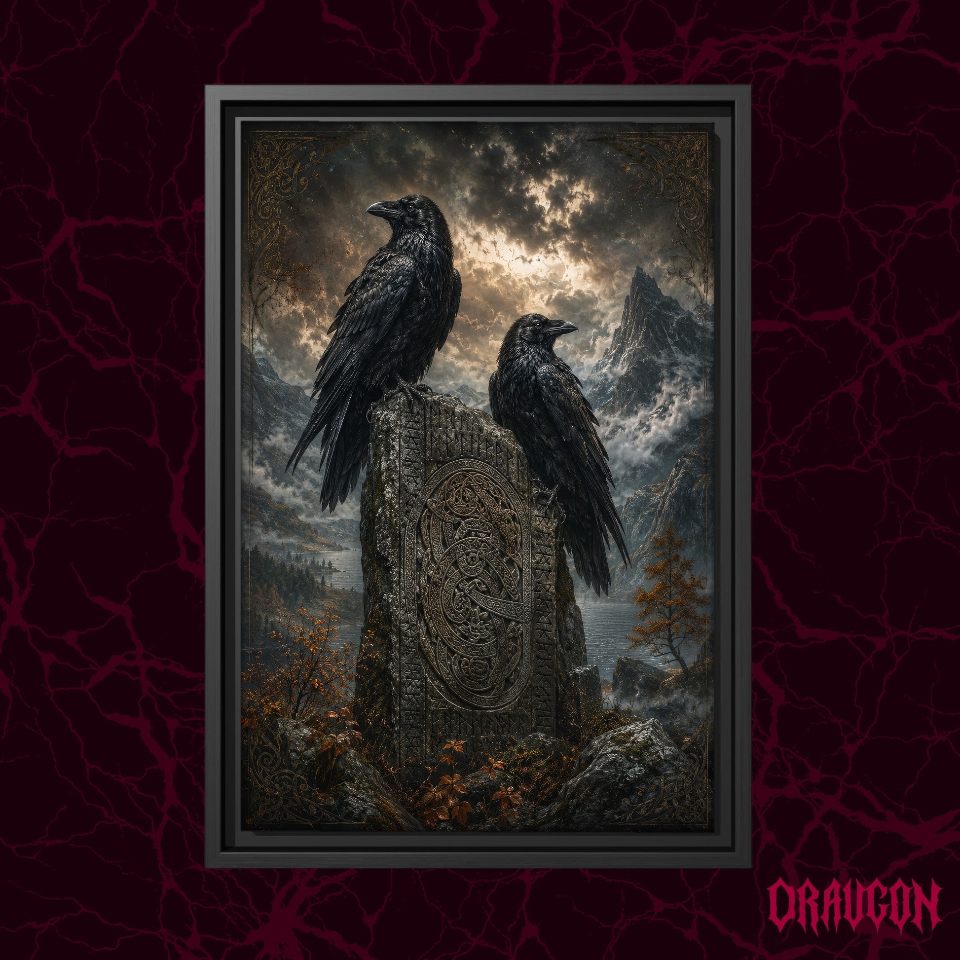 The Watchstone shown as a black framed canvas against a deep red marbled backdrop with the Draugon wordmark in the lower corner, displaying the two ravens on the carved stone against the mountain and lake scene.