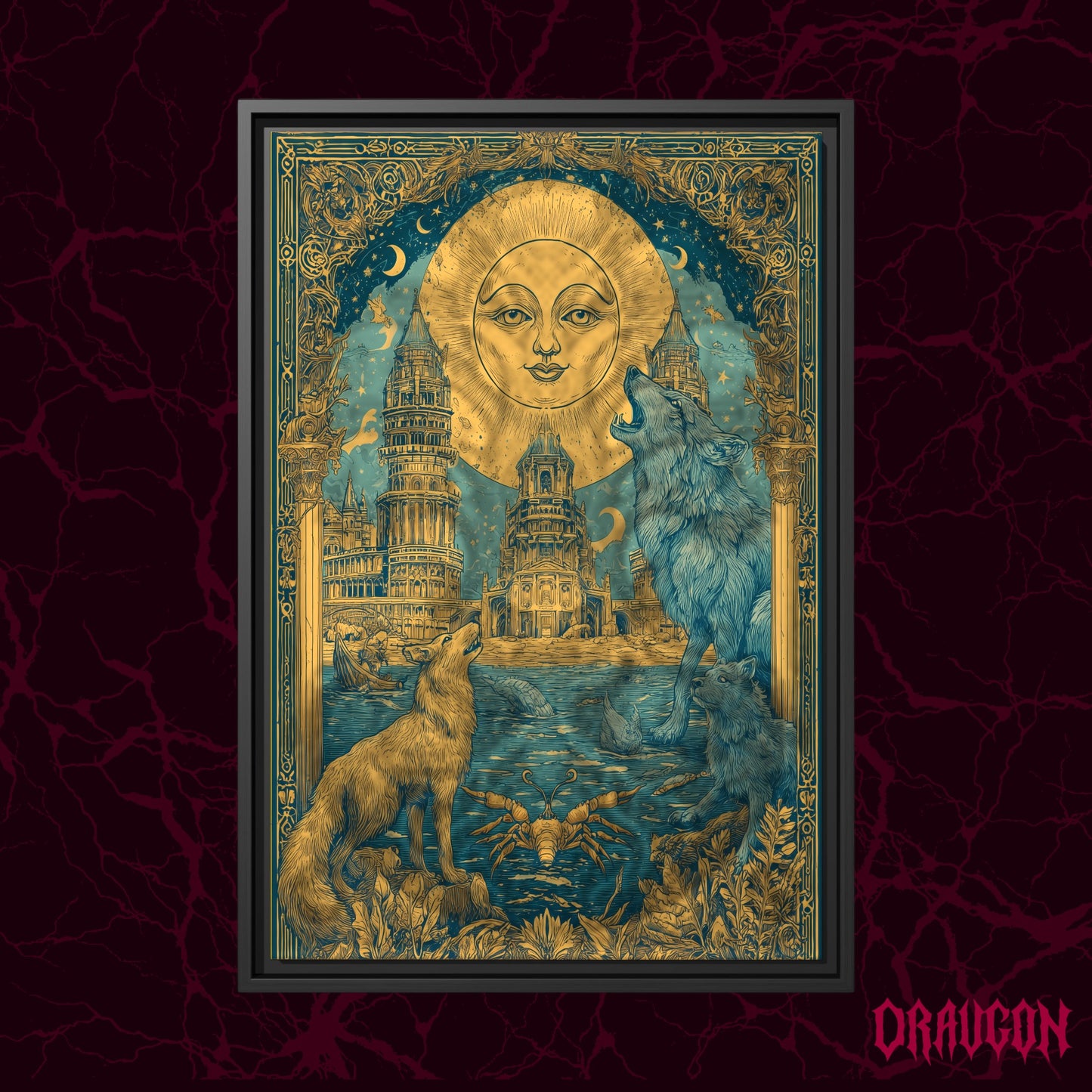 The Sunken Court shown as a black framed canvas against a deep red marbled backdrop with the Draugon wordmark in the lower corner, displaying the full teal and mustard sun, city and wolves.
