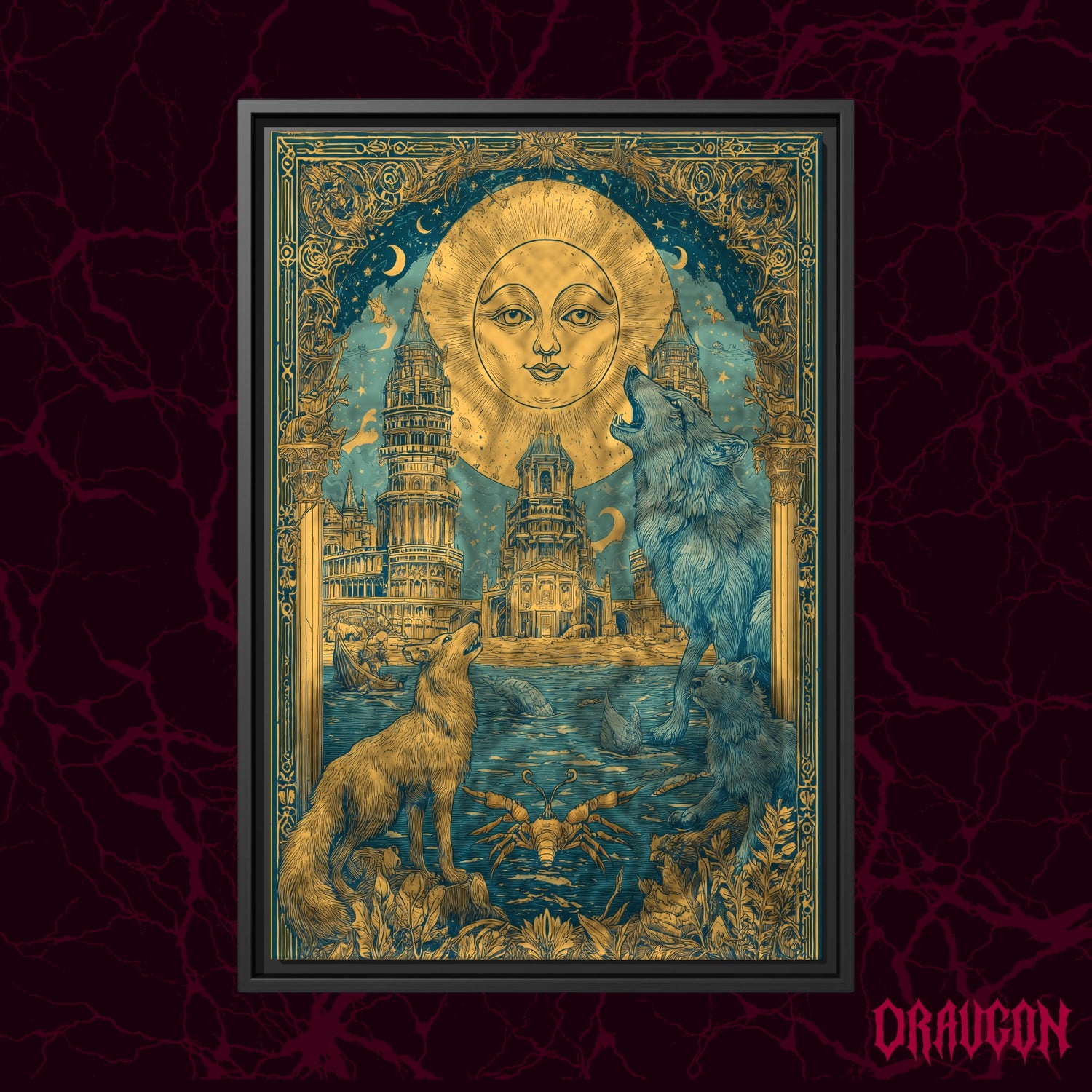 The Sunken Court shown as a black framed canvas against a deep red marbled backdrop with the Draugon wordmark in the lower corner, displaying the full teal and mustard sun, city and wolves.