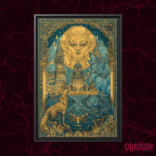 The Sunken Court shown as a black framed canvas against a deep red marbled backdrop with the Draugon wordmark in the lower corner, displaying the full teal and mustard sun, city and wolves.