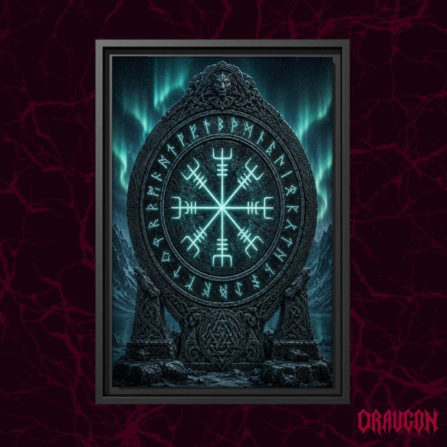 Vegvísir shown as a black framed canvas against a deep red marbled backdrop with the Draugon wordmark in the lower corner, displaying the glowing stave monument beneath the aurora.