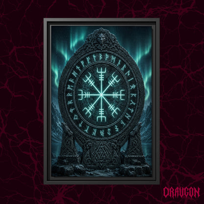 Vegvísir shown as a black framed canvas against a deep red marbled backdrop with the Draugon wordmark in the lower corner, displaying the glowing stave monument beneath the aurora.