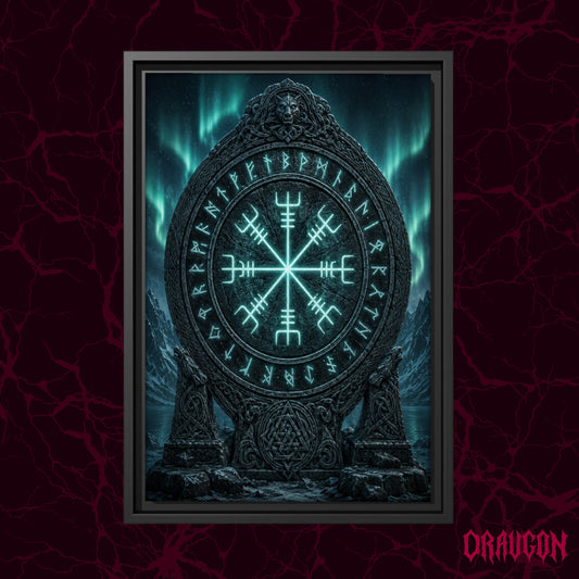 Vegvísir shown as a black framed canvas against a deep red marbled backdrop with the Draugon wordmark in the lower corner, displaying the glowing stave monument beneath the aurora.