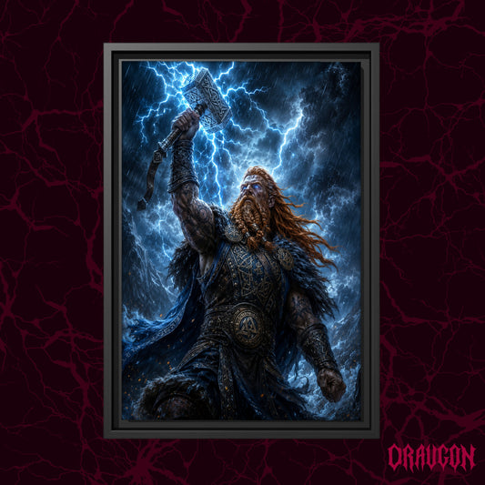 Mjölnir shown as a black framed canvas against a deep red marbled backdrop with the Draugon wordmark in the lower corner, displaying Thor raising the hammer beneath the blue lightning.